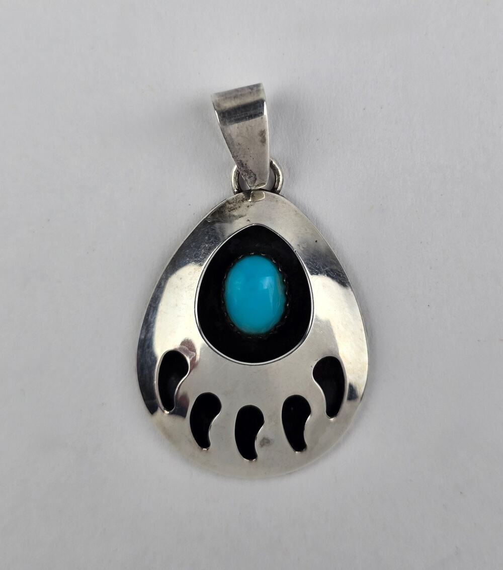 Vintage Sterling Silver turquoise Kathleen Chavez Bear Paw Pendant for Necklace
